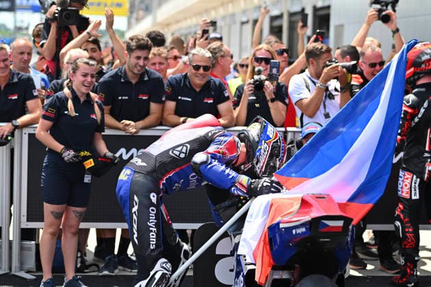 MOTO - MOTO 2 - HUNGARY GRAND PRIX 2026 SALAC Filip (cze), OnlyFans American Racing Team, Kalex Moto2, portrait celebrates his second place during the 2026 Moto2 Grand Prix of Hungary , on Balaton Park circuit, from June 5 to 7, in Hungary - Balaton ParkHungary  Copyright: xGIGIxSOLDANOx