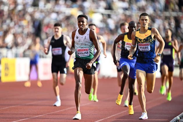 STOCKHOLM, SWEDEN 20260607 Yared Nuguse, USA, (center) wins and Cameron Myers, Australia, comes in second in the men s 1500m during the IAAF Diamond League athletics meeting at Stockholm Olympic Stadium in Stockholm, Sweden, on June 7, 2026. STOCKHOLM SWEDEN x10430x