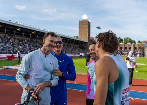 260607 Kurtis Marschall of Australia, Sam Kendrick™s of the United States, Renaud Lavillenie of France and Armand Duplantis of Sweden after the men s pole vault during Bauhaus-galan, part of the Diamond League series, June 7, 2026 in Stockholm. Photo: Maxim ThorÃ BILDBYRAN kod MT MT1057 friidrott athletics friidrett diamond league bauhaus-galan bbeng Stockholm sverige