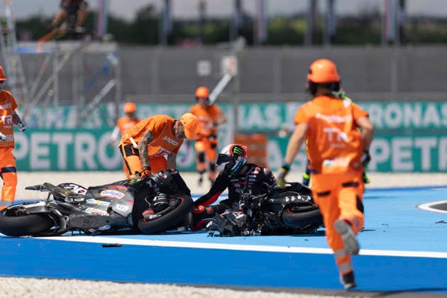 MotoGP of Hungary - Race Number 72 Aprilia Racing rider Marco Bezzecchi and Number 89 Aprilia Racing rider Jorge Martin crash during the race at the 2026 Grand Prix of Hungary. Balatonfokajar Balatonfokajar Hungary  Copyright: xStephenxBlackberryx originalFilename:blackberry-2026gran260607_npf0Z.jpg