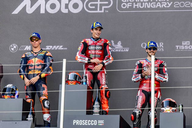 MotoGP of Hungary - Race Number 37 Red Bull KTM Factory Racing rider Pedro Acosta, Number 93 Ducati Lenovo Team rider Marc Marquez, and Number 63 Ducati Lenovo Team rider Francesco Bagnaia celebrate on the podium after the race at the 2026 Grand Prix of Hungary. Balatonfokajar Balatonfokajar Hungary  Copyright: xStephenxBlackberryx originalFilename:blackberry-2026gran260607_nppiL.jpg