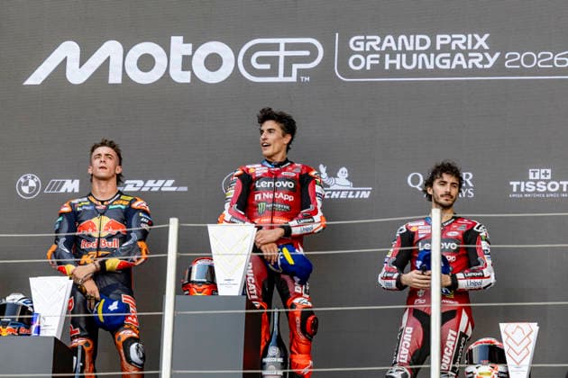 MotoGP of Hungary - Race Number 37 Red Bull KTM Factory Racing rider Pedro Acosta, Number 93 Ducati Lenovo Team rider Marc Marquez, and Number 63 Ducati Lenovo Team rider Francesco Bagnaia celebrate on the podium after the race at the 2026 Grand Prix of Hungary. Balatonfokajar Balatonfokajar Hungary  Copyright: xStephenxBlackberryx originalFilename:blackberry-2026gran260607_npMIv.jpg