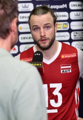 VOLLEYBALL - CEV EL, AUT vs MNE SCHWECHAT,AUSTRIA,07.JUN.26 - VOLLEYBALL - CEV European League, OEVV international match, Länderspiel, Nationalmannschaft Austria vs Montenegro. Image shows Maximilian Thaller (AUT). Keywords: interview.  GEPAxpictures xWalterxLuger