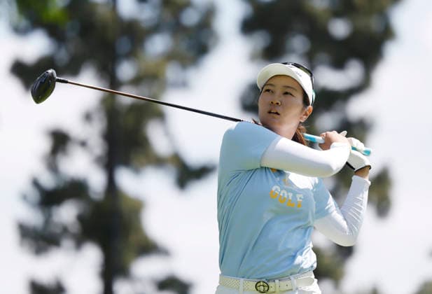 Sora Kamiya of Japan tees off on the 2nd hole during the final round of the 81st Women s U.S. Open golf championship at the Riviera Country Club in Pacific Palisades, California, on Sunday, June 7, 2026.  GLP20260607905 CAROLINExBREHMAN