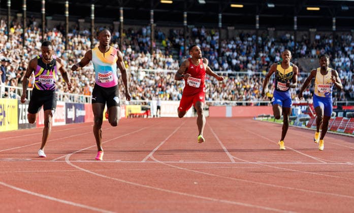260607 Kenneth Bednarek of United States, Courtney Lindsey of United States and Sinesipho Dambile of South Africa compete in the men s 200 meter during Bauhaus-galan, part of the Diamond League series, June 7, 2026 in Stockholm. Photo: Maxim Thore BILDBYRAN kod MT MT1057 friidrott athletics friidrett diamond league bauhaus-galan bbeng stockholm