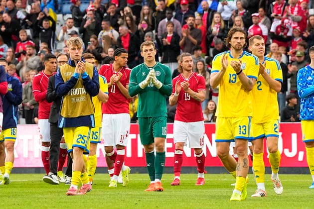 DENMARK national team, Nationalteam Test Match: Denmark - Ukraine Danish and Ukrainian players after the match has been whistled off. The football international match, Länderspiel, Nationalmannschaft between Denmark and Ukraine at Odense Stadium on Sunday, June 7, 2026. Christian Eriksen was able to leave the field on his own after he collapsed on the grass in the second half during Denmark s test match against Ukraine. The Danish profile had received treatment but was able to walk to the ambulance that had driven onto the stadium. Shortly after, the referee whistled the match off early. - Eriksen is in good condition given the circumstances, said the stadium announcer. (Photo: Bo Amstrup Scanpix 2026) , Odense Denmark
