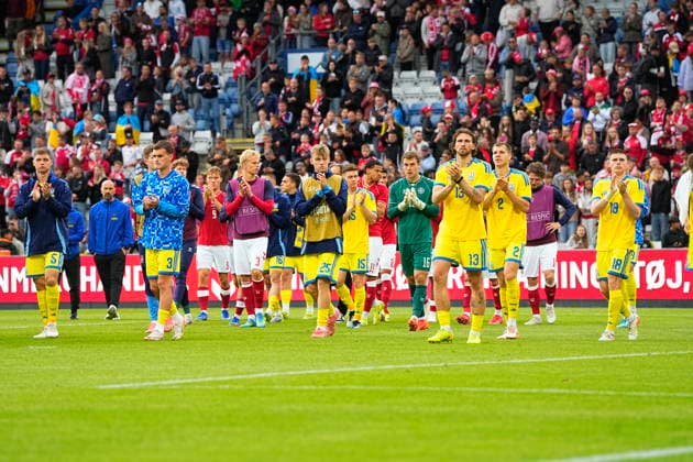 DENMARK national team, Nationalteam Test Match: Denmark - Ukraine Danish and Ukrainian players after the match has been whistled off. The football international match, Länderspiel, Nationalmannschaft between Denmark and Ukraine at Odense Stadium on Sunday, June 7, 2026. Christian Eriksen was able to leave the field on his own after he collapsed on the grass in the second half during Denmark s test match against Ukraine. The Danish profile had received treatment but was able to walk to the ambulance that had driven onto the stadium. Shortly after, the referee whistled the match off early. - Eriksen is in good condition given the circumstances, said the stadium announcer. (Photo: Bo Amstrup Scanpix 2026) , Odense Denmark
