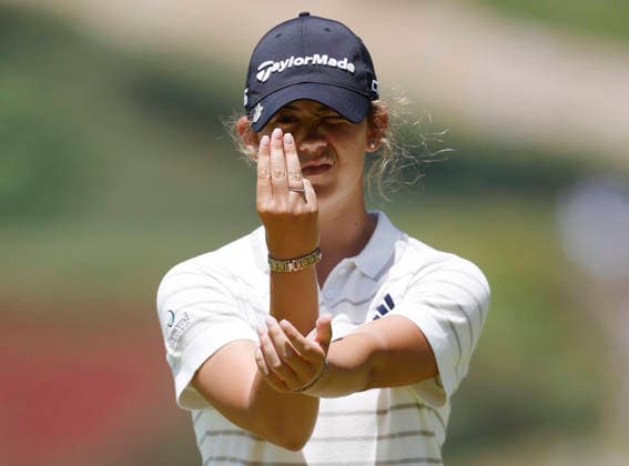 Amateur golfer Asterisk Talley lines up a putt on the 1st green during the final round of the 81st Women s U.S. Open golf championship at the Riviera Country Club in Pacific Palisades, California, on Sunday, June 7, 2026.  GLP20260607915 CAROLINExBREHMAN