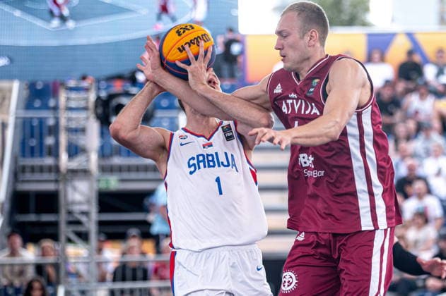 Warszawa 07.06.2026. 3x3 Basketball World Cup Day 7 in Warsaw, Poland. Serbia - Latvia match --- Mistrzostwa Swiata w koszykowce 3x3 Dzien 7 w Warszawie. Mecz Serbia - Lotwa Persons Shown : Andreja Milutinovic Nauris Miezis Fot. Kai Taller Arena Akcji NEWSPIX.PL --- newspix.pl 