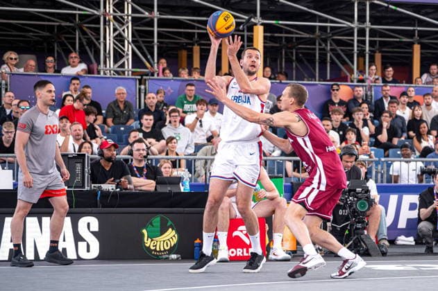 Warszawa 07.06.2026. 3x3 Basketball World Cup Day 7 in Warsaw, Poland. Serbia - Latvia match --- Mistrzostwa Swiata w koszykowce 3x3 Dzien 7 w Warszawie. Mecz Serbia - Lotwa Persons Shown : Andreja Milutinovic Nauris Miezis Fot. Kai Taller Arena Akcji NEWSPIX.PL --- newspix.pl 