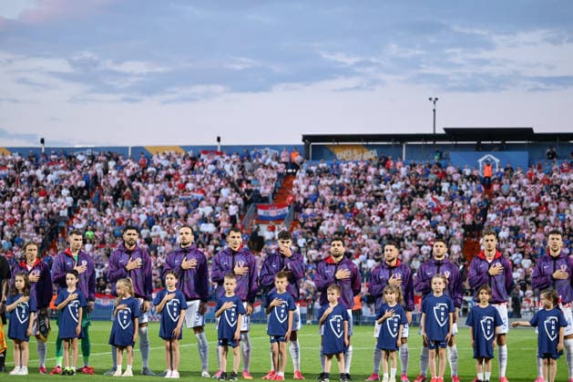 Croatia v Slovenia - International Friendly, Länderspiel, Nationalmannschaft Players of Croatia line up for national anthems prior to the international friendly match between Croatia and Slovenia at Stadium Varteks on June 7, 2026 in Varazdin, Croatia.  IgorxSoban PIXSELL