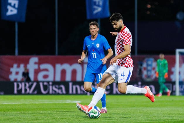 Pre-World cup International Friendly, Länderspiel, Nationalmannschaft 2026 match between Croatia and Slovenia Josko Gvardiol (Croatia 4) and Tjas Begic (Slovenia 11) seen in action during Pre-World cup international friendly 2026 football match between Croatia and Slovenia, Stadium Varteks, Varazdin, Croatia 07.06.2026