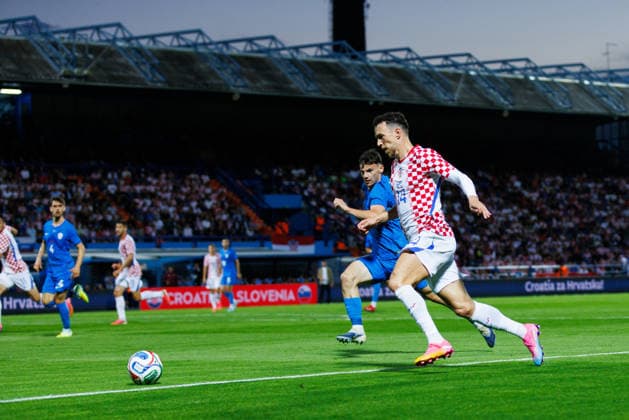 Pre-World cup International Friendly, Länderspiel, Nationalmannschaft 2026 match between Croatia and Slovenia Ivan Perisic (Croatia 14) and Srdan Kuzmic (Slovenia 5) seen in action during Pre-World cup international friendly 2026 football match between Croatia and Slovenia, Stadium Varteks, Varazdin, Croatia 07.06.2026 Copyright: xBEAUTIFULxSPORTS Bosnjakovicx