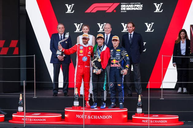 MOTORS - Formula 1 - Grand Prix de Monaco 2026 Photo by IPA ABACAPRESS.COM85450788 - Kimi Antonelli of Italy and Mercedes-AMG Petronas Formula One Team W17 (12), Lewis Hamilton of United Kingdom and Scuderia Ferrari HP SF-26 (44) and Isack Hadjar of France and Oracle Red Bull Racing RB22 (6) seen on the podium during F1 Grand Prix of Monaco 2026 - Podium Race at Circuit de Monaco in Monte-Carlo, Monaco Monaco  Copyright: xIPAxSport ABACAx