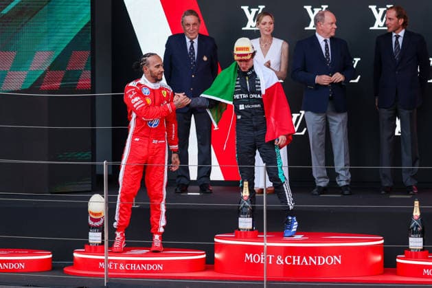 MOTORS - Formula 1 - Grand Prix de Monaco 2026 Photo by IPA ABACAPRESS.COM85450785 - Kimi Antonelli of Italy and Mercedes-AMG Petronas Formula One Team W17 (12) celebrate the victory with Lewis Hamilton of United Kingdom and Scuderia Ferrari HP SF-26 (44) during F1 Grand Prix of Monaco 2026 - Podium Race at Circuit de Monaco in Monte-Carlo, Monaco Monaco  Copyright: xIPAxSport ABACAx