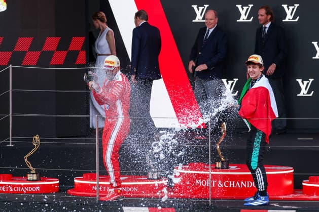 MOTORS - Formula 1 - Grand Prix de Monaco 2026 Photo by IPA ABACAPRESS.COM85450776 - Kimi Antonelli of Italy and Mercedes-AMG Petronas Formula One Team W17 (12), Lewis Hamilton of United Kingdom and Scuderia Ferrari HP SF-26 (44) and Isack Hadjar of France and Oracle Red Bull Racing RB22 (6) celebrate on the podium during F1 Grand Prix of Monaco 2026 - Podium Race at Circuit de Monaco in Monte-Carlo, Monaco Monaco  Copyright: xIPAxSport ABACAx