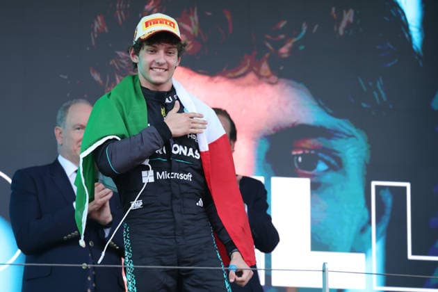 07.06.2026, xrarjax, Motorsport FIA Formel 1, Großer Preis von Monaco 2025 v.l. Siegerehrung Podium Andrea Kimi Antonelli (Mercedes AMG Petronas) Startnummer 12 (FIA REGULATIONS PROHIBIT ANY USE OF PHOTOGRAPHS as IMAGE SEQUENCES and or QUASI-VIDEO) Monte Carlo