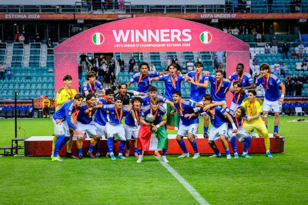 UEFA Under-17 European Championship, EM, Europameisterschaft Estonia 2026 Italy U-17 national team, Nationalteam celebrating winning the European Championship during the UEFA Under-17 European Championship Final match between Italy U-17 vs Belgium U-17 national teams, Tallinn Estonia 07.06.2026 Tallinn A Le Coq Arena Estonia Copyright: xMaurixLevandix