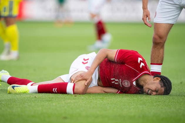 national team, Nationalteam test match: Denmark - Ukraine Denmark s William Osula gets injured during the football national match between Denmark and Ukraine at Odense Stadium on Sunday, June 7, 2026. (Photo: Bo Amstrup Ritzau Scanpix) , Odense Denmark Mors