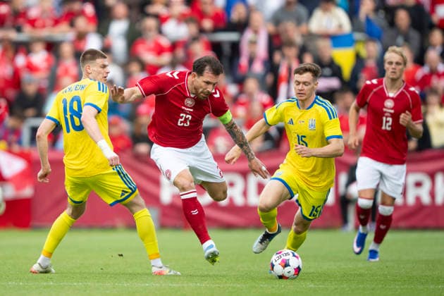 national team, Nationalteam test match: Denmark - Ukraine Denmark s Pierre Emile Hoejbjerg in action with Ukraine s Oleh Ocheretko and Viktor Tsygankov during the international football match between Denmark and Ukraine at Odense Stadium on Sunday, June 7, 2026. (Photo: Bo Amstrup Ritzau Scanpix) , Odense Denmark Mors