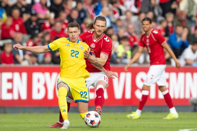 national team, Nationalteam Test Match: Denmark - Ukraine Ukraine s Mykola Matviyenko in action with Denmark s Kasper Hoegh during the international football match between Denmark and Ukraine at Odense Stadium on Sunday, June 7, 2026. (Photo: Bo Amstrup Ritzau Scanpix) , Odense Denmark Mors