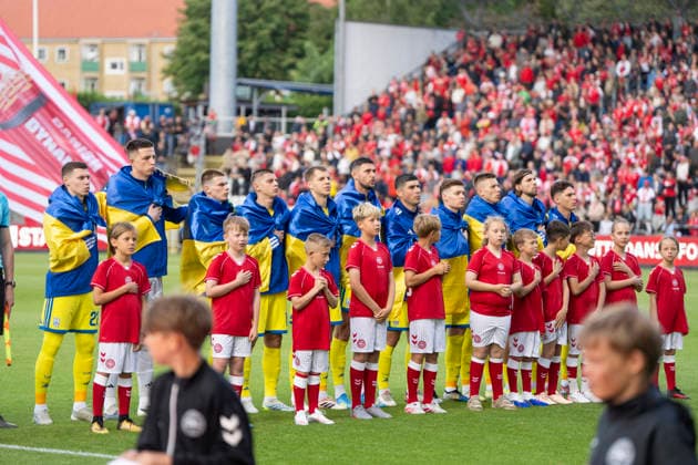 national team, Nationalteam Test Match: Denmark - Ukraine Ukraine s players during the national anthem at the international football match between Denmark and Ukraine at Odense Stadium on Sunday, June 7, 2026. (Photo: Bo Amstrup Ritzau Scanpix) , Odense Denmark Mors