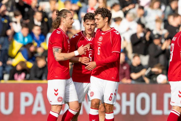 national team, Nationalteam test match: Denmark - Ukraine Denmark s Joakim Maehle has scored to make it 2-0 and celebrates with Kasper Hoegh and Andreas Christensen during the football international match, Länderspiel, Nationalmannschaft between Denmark and Ukraine at Odense Stadium on Sunday, June 7, 2026. (Photo: Bo Amstrup Ritzau Scanpix) , Odense Denmark Mors