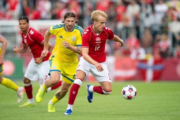 national team, Nationalteam test match: Denmark - Ukraine Denmark s Victor Froholdt in action with Ukraine s Illia Zabarnyi during the football international match, Länderspiel, Nationalmannschaft between Denmark and Ukraine at Odense Stadium on Sunday, June 7, 2026. (Photo: Bo Amstrup Ritzau Scanpix) , Odense Denmark Mors