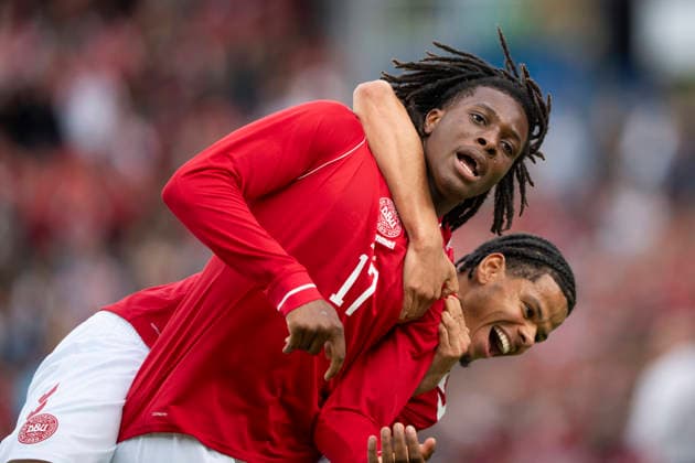national team, Nationalteam Test Match: Denmark - Ukraine Denmark s Patrick Dorgu has scored to make it 1-0 and celebrates with William Osula during the football international match, Länderspiel, Nationalmannschaft between Denmark and Ukraine at Odense Stadium on Sunday, June 7, 2026. (Photo: Bo Amstrup Ritzau Scanpix) , Odense Denmark Mors