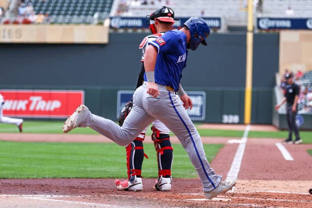 June 7, 2026, Minneapolis, Minnesota, USA: Kansas City Royals first baseman VINNIE PASQUANTINO (9) scores on a RBI double hit by Kansas City Royals second baseman Nick Loftin (12)(not pictured) in the fourth inning during a MLB, Baseball Herren, USA Baseball game between the Kansas City Royals and the Minnesota Twins at Target Field in Minneapolis, Minnesota on June 7th, 2026. The Royals defeated the Twins 6-5. ZUMA Press Wire. Minneapolis USA - ZUMAg254 20260607_zsp_g254_013 Copyright: xStevenxGarciax