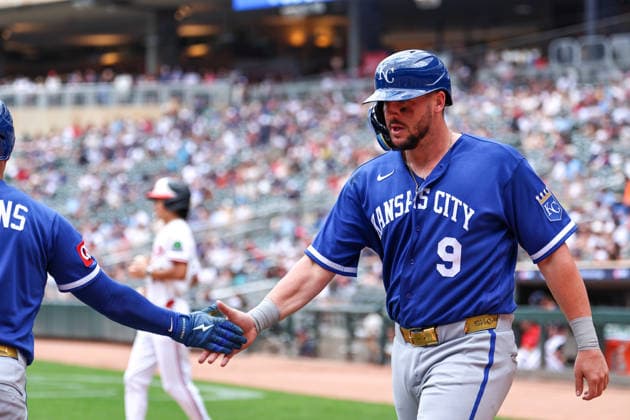 June 7, 2026, Minneapolis, Minnesota, USA: Kansas City Royals first baseman VINNIE PASQUANTINO (9) scores on a RBI double hit by Kansas City Royals second baseman Nick Loftin (12)(not pictured) in the fourth inning during a MLB, Baseball Herren, USA Baseball game between the Kansas City Royals and the Minnesota Twins at Target Field in Minneapolis, Minnesota on June 7th, 2026. The Royals defeated the Twins 6-5. ZUMA Press Wire. MLB 2026: Royals 6:5 Twins  - ZUMAg254 20260607_zsp_g254_046 Copyright: xStevenxGarciax