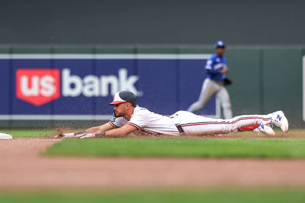 June 7, 2026, Minneapolis, Minnesota, USA: Minnesota Twins left fielder TREVOR LARNACH (9) slides safely into second base for a double in the ninth inning during a MLB, Baseball Herren, USA Baseball game between the Kansas City Royals and the Minnesota Twins at Target Field in Minneapolis, Minnesota on June 7th, 2026. The Royals defeated the Twins 6-5. ZUMA Press Wire. MLB 2026: Royals 6:5 Twins  - ZUMAg254 20260607_zsp_g254_054 Copyright: xStevenxGarciax