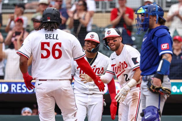 June 7, 2026, Minneapolis, Minnesota, USA: Minnesota Twins designated hitter JOSH BELL (56) celebrates a three-run home run in the ninth inning during a MLB, Baseball Herren, USA Baseball game between the Kansas City Royals and the Minnesota Twins at Target Field in Minneapolis, Minnesota on June 7th, 2026. The Royals defeated the Twins 6-5. ZUMA Press Wire. Minneapolis USA - ZUMAg254 20260607_zsp_g254_055 Copyright: xStevenxGarciax