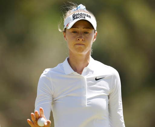 Nelly Korda reacts after putting for par on the 8th green during the final round of the 81st Women s U.S. Open golf championship at the Riviera Country Club in Pacific Palisades, California, on Sunday, June 7, 2026.  GLP20260607993 CAROLINExBREHMAN