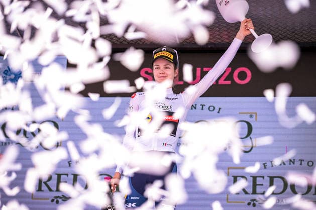 37th Giro d Italia Women 2026 - Stage 9 Isabella Holmgren of Lidl-Treck celebrates winning the Maglia Bianca after stage 9 of the 2026 Giro d Italia Femminile in Saluzzo, Italy, on June 7, 2026. Saluzzo Italy  Copyright: xAndreaxxAmatox originalFilename:amato-notitle260607_npFJK.jpg