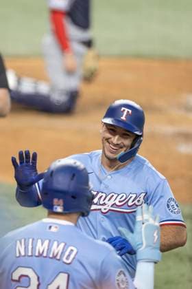 June 7, 2026, Arlington, Texas, USA: Texas Rangers left fielder WYATT LANGFORD (36) celebrates with Texas Rangers right fielder BRANDON NIMMO (24) after hitting a homerun during a MLB, Baseball Herren, USA game between the Cleveland Guardians and Texas Rangers at Globe Life Field. Texas wins 10-0. Arlington USA - ZUMAf180 20260607_zsp_f180_002 Copyright: xMarkxFannx