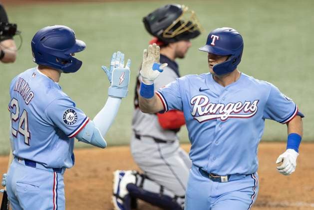 June 7, 2026, Arlington, Texas, USA: Texas Rangers third baseman JOSH JUNG (6) celebrates with Texas Rangers right fielder BRANDON NIMMO (24) after a homerun during a MLB, Baseball Herren, USA game between the Cleveland Guardians and Texas Rangers at Globe Life Field. Texas wins 10-0. Arlington USA - ZUMAf180 20260607_zsp_f180_016 Copyright: xMarkxFannx