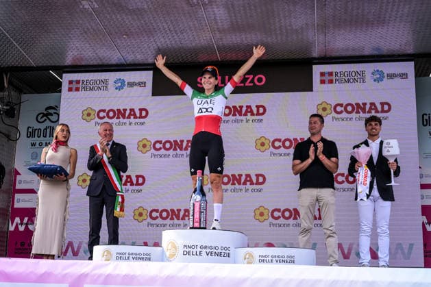 37th Giro d Italia Women 2026 - Stage 9 Elisa Longo Borghini of UAE Team ADQ stands on the podium after stage 9 of the 2026 Giro d Italia Femminile in Saluzzo, Italy, on June 7, 2026. Saluzzo Italy  Copyright: xAndreaxxAmatox originalFilename:amato-notitle260607_npzQi.jpg