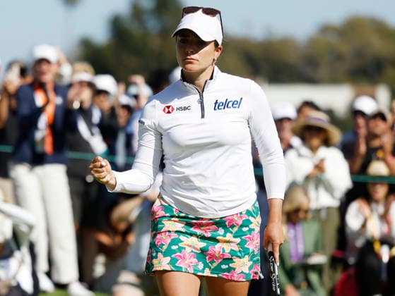 Gaby Lopez of Mexico reacts after sinking a birdie putt on the 18th hole for a share of the lead during the final round of the 81st Women s U.S. Open golf championship at the Riviera Country Club in Pacific Palisades, California, on Sunday, June 7, 2026.  GLP20260607816 CAROLINExBREHMAN