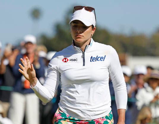 Gaby Lopez of Mexico reacts after sinking a birdie putt on the 18th hole for a share of the lead during the final round of the 81st Women s U.S. Open golf championship at the Riviera Country Club in Pacific Palisades, California, on Sunday, June 7, 2026.  GLP20260607817 CAROLINExBREHMAN