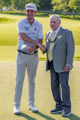 June 7, 2026, Dublin, Ohio, U.S: JT Poston holds the trophy and shakes hands with Jack Nicklaus after winning The Memorial Tournament at Muirfield Village Golf Club, Dublin, Ohio. Dublin U.S - ZUMAs304 20260607_zaf_s304_004 Copyright: xScottxStuartx