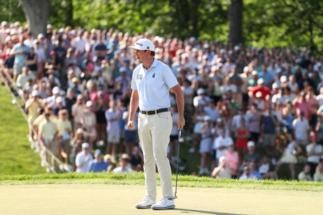 DUBLIN, OH - JUNE 07: J.T. Poston of the United States reacts after getting a birdie on 18th hole, to force a playoff during the final round of the Memorial Tournament presented by Workday at Muirfield Village Golf Club on June 7, 2026 in Dublin, OH. (Photo by Ian Johnson Icon Sportswire) GOLF: JUN 07 PGA, Golf Herren the Memorial Tournament presented by Workday EDITORIAL USE ONLY Icon260607053