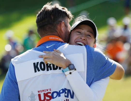 Nelly Korda celebrates with caddie Jason McDede after winning the 81st Women s U.S. Open golf championship at the Riviera Country Club in Pacific Palisades, California, on Sunday, June 7, 2026. Korda won with an eight-under-par score of 276.  GLP20260607823 CAROLINExBREHMAN