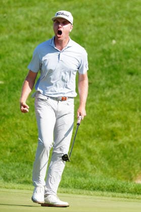 DUBLIN, OH - JUNE 07: PGA, Golf Herren player Ryan Gerard reacts to making a birdie putt on the 17th hole on June 7, 2026 during the final round of the Memorial Tournament presented by Workday at Muirfield Village Golf Club in Dublin, Ohio. (Photo by Brian Spurlock Icon Sportswire) GOLF: JUN 07 PGA the Memorial Tournament presented by Workday EDITORIAL USE ONLY Icon26060743