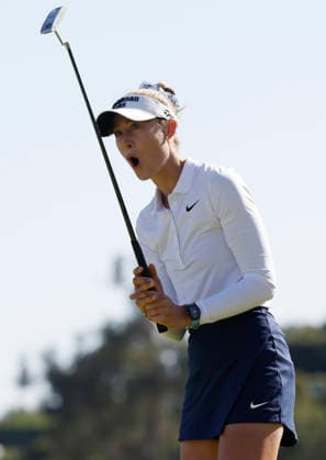 Nelly Korda reacts after sinking a putt to win the 81st Women s U.S. Open golf championship at the Riviera Country Club in Pacific Palisades, California, on Sunday, June 7, 2026. Korda won with an eight-under-par score of 276.  GLP20260607832 CAROLINExBREHMAN