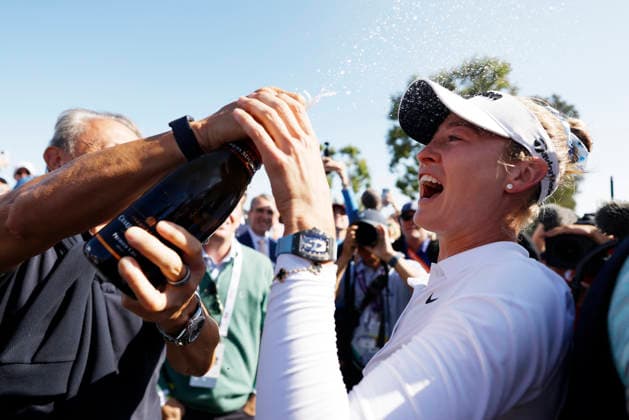 Nelly Korda celebrates after winning the 81st Women s U.S. Open golf championship at the Riviera Country Club in Pacific Palisades, California, on Sunday, June 7, 2026. Korda won with an eight-under-par score of 276.  GLP20260607827 CAROLINExBREHMAN
