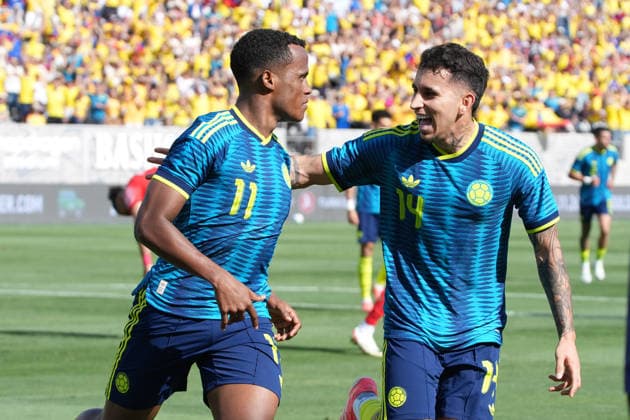 Jhon Arias (L) and Gustavo Puerta (R) of Colombia celebrate a goal during a friendly match between Colombia and Jordan at Snapdragon Stadium in San Diego, United States, 07 June 2026. Friendly Match - Colombia vs. Jordan !ACHTUNG: NUR REDAKTIONELLE NUTZUNG!  Copyright: xOmarxAlonsox AME9608 20260608-55020530699_1