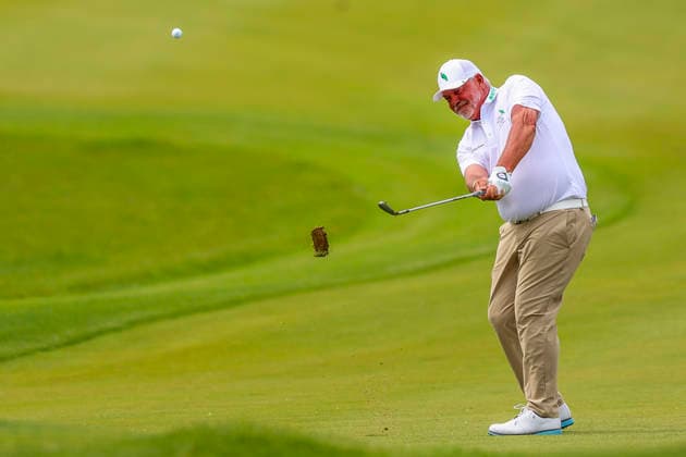 MADISON, WI - JUNE 07: Darren Clarke from the Bahamas hits his second shot on the eighteenth green during the final round of the PGA, Golf Herren Tour Champions American Family Insurance Championship golf tournament on June 7, 2026 at TPC Wisconsin Golf Course in Madison, WI. (Photo by Lawrence Iles Icon Sportswire) GOLF: JUN 07 PGA TOUR Champions American Family Insurance Championship EDITORIAL USE ONLY Icon2606070153