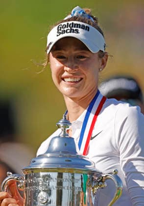 Nelly Korda holds her trophy after winning the 81st Women s U.S. Open golf championship at the Riviera Country Club in Pacific Palisades, California, on Sunday, June 7, 2026. Korda won with an eight-under-par score of 276.  GLP20260607858 CAROLINExBREHMAN