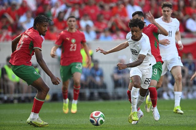 June 7, 2026, Harrison, New Jersey, USA: Morocco defender REDOUANE HALHAL (25) and Norway midfielder OSCAR BOBB (22) in action during the Road to 26 International Friendly, Länderspiel, Nationalmannschaft match at Sports Illustrated Stadium in Harrison New Jersey Norway draws with Morocco 1 to 1 Soccer 2026: Norway 1:1 Morocco  - ZUMAa301 20260607_aaf_a301_025 Copyright: xBrooksxVonxArxx